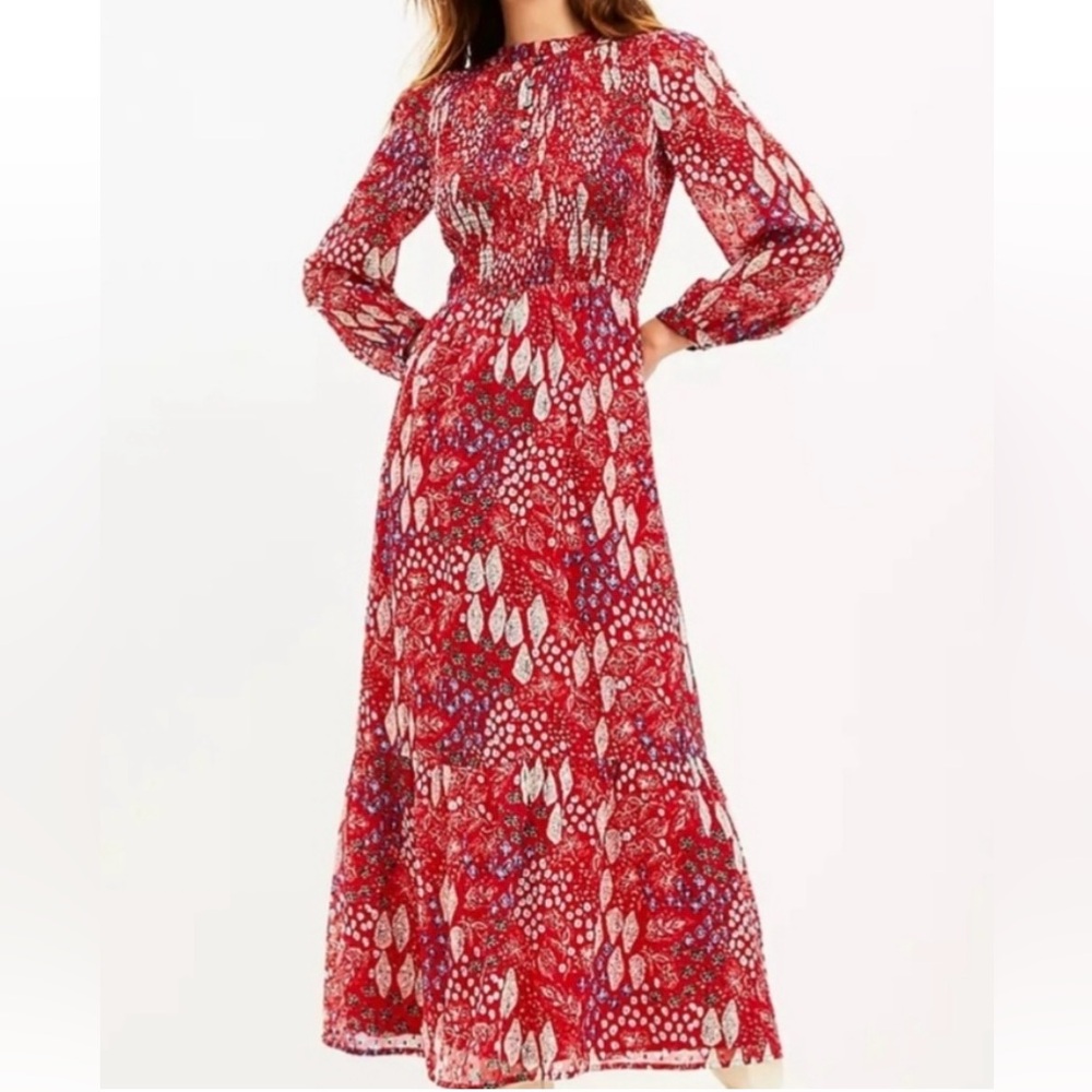 LOFT Garden Smocked Bodice Tiered Maxi
Dress Red and White Long Sleeve Size 6